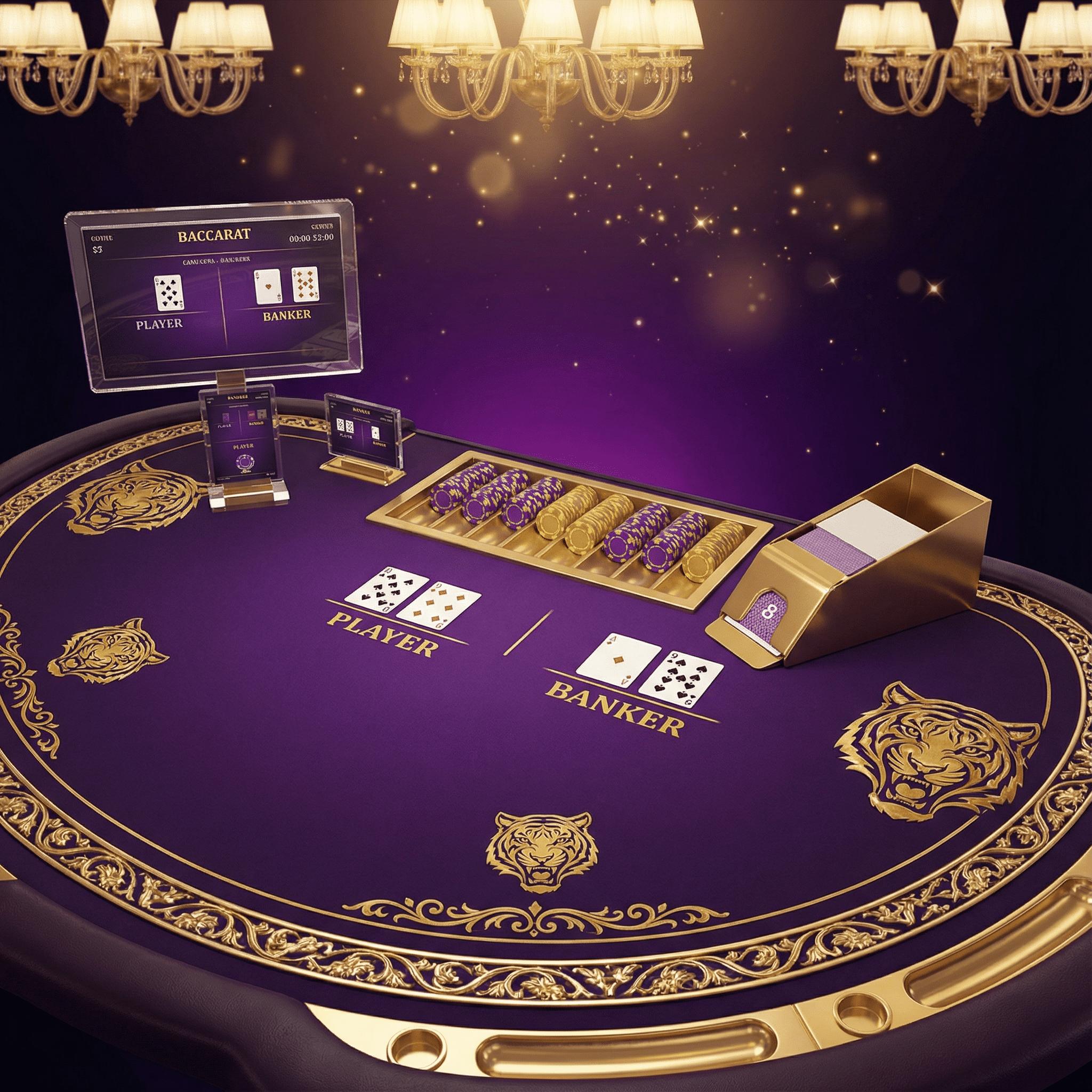 Mesa de bacará elegante con cartas doradas y fichas de casino premium
