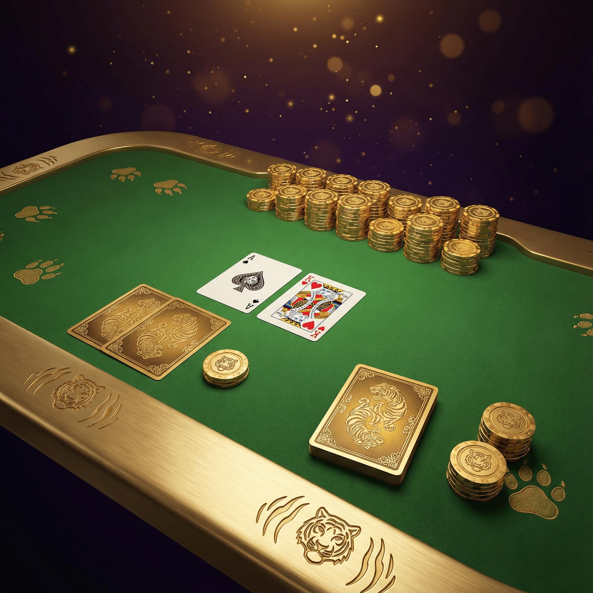 Mesa de blackjack elegante con cartas y fichas doradas